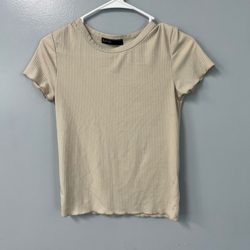 Brit & Bri Women‎ Tan Ribbed Short Sleeve Lettuce Edge Crew Neck Basic Tee Small